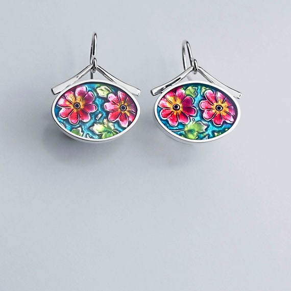 and resin enamel earrings PMC Ivy Woodrose sterling silver