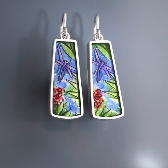 and resin enamel earrings PMC Ivy Woodrose sterling silver