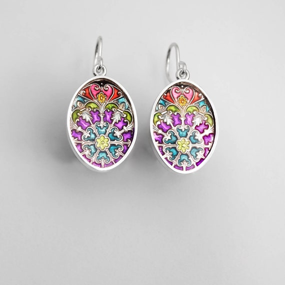and resin enamel earrings PMC Ivy Woodrose sterling silver
