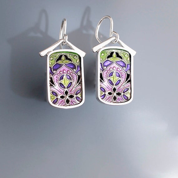 and resin enamel earrings PMC Ivy Woodrose sterling silver