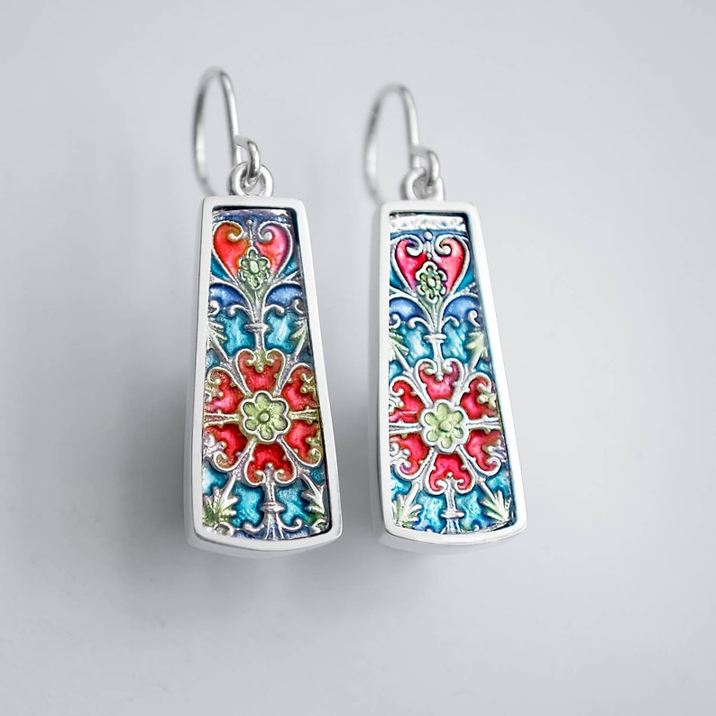 and resin enamel earrings PMC Ivy Woodrose sterling silver