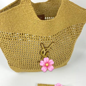 Handmade Raffia Crochet Bag with Leather Details – Everyday Tote with Matching Wallet – Boho Shoulder Bag – Natural Fiber Purse