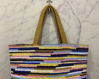 Sac cabas coloré en raphia crocheté, sac de plage rayé fait main, sac bandoulière d'été, sac de marché pour tous les jours, sac de vacances bohème
