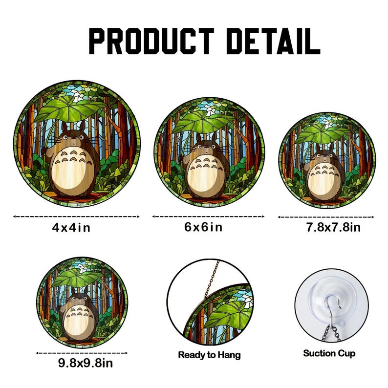 May include: Product detail image featuring stained glass art with a Totoro design. The image shows four circular pieces of art in different sizes: 4x4in, 6x6in, 7.8x7.8in, and 9.8x9.8in. The art is ready to hang and includes a suction cup.