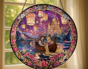 Tangled Rapunzel and Flynn Ride Stained Suncatcher, Disneey Anniversary Gift For Husband Wife