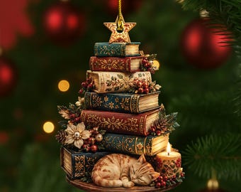 Christmas Book Tree Arcylic Ornament, Books Lover Gift, Sleeping Cat 2D Flat Print
