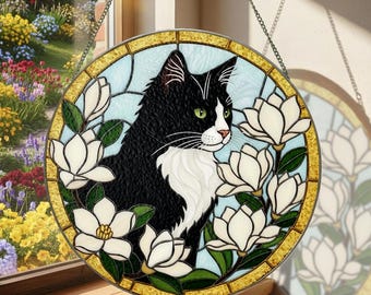 Stained Glass Black and White Cat Suncatcher Window Hanging Cat ...