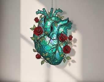 Anatomical Heart with Roses Acrylic Suncatcher, Gothic Medical Anatomy, Window Hanging