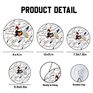 May include: Product detail image featuring circular stained glass designs. Each design depicts a young witch on a broom, flying with a seagull, surrounded by other seagulls. Sizes include 4x4in, 6x6in, 7.8x7.8in, and 9.8x9.8in. Additional images show a ready-to-hang option and a suction cup.
