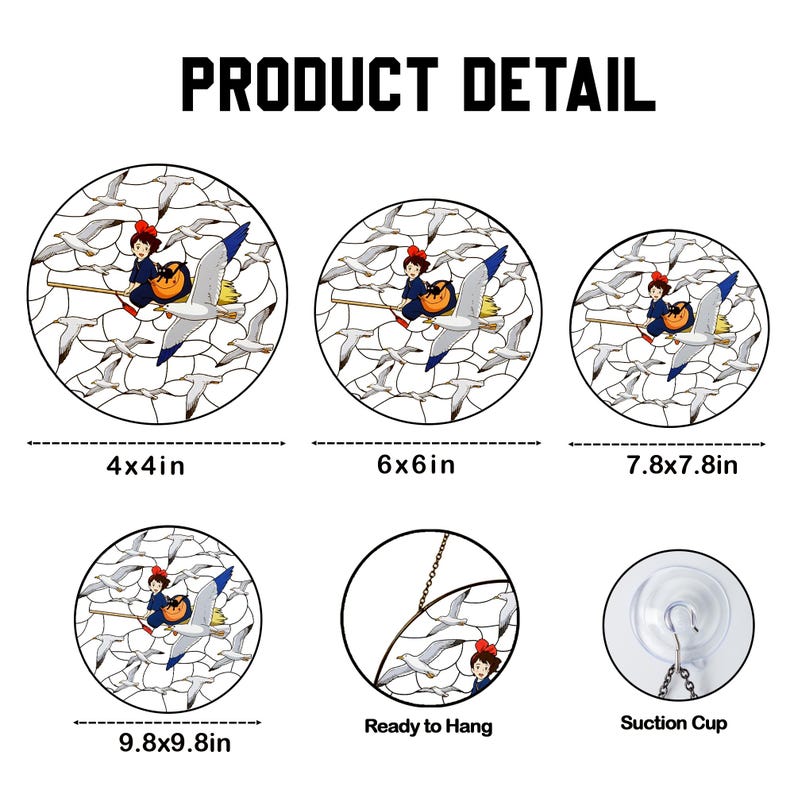 May include: Product detail image featuring circular stained glass designs. Each design depicts a young witch on a broom, flying with a seagull, surrounded by other seagulls. Sizes include 4x4in, 6x6in, 7.8x7.8in, and 9.8x9.8in. Additional images show a ready-to-hang option and a suction cup.