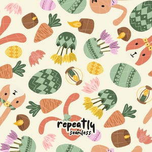 Modèle sans couture de lapin de Pâques | Impression numérique florale printanière | Conception mignonne de carotte d&#39;oeuf de pâques | Tissu + papier peint | Téléchargement instantané