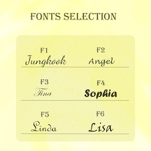 Puede incluir: Una tarjeta amarilla con el texto "FONTS SELECTION" en la parte superior. Se muestran seis fuentes diferentes con los nombres "Jungkook", "Angel", "Tina", "Sophia", "Linda" y "Lisa".