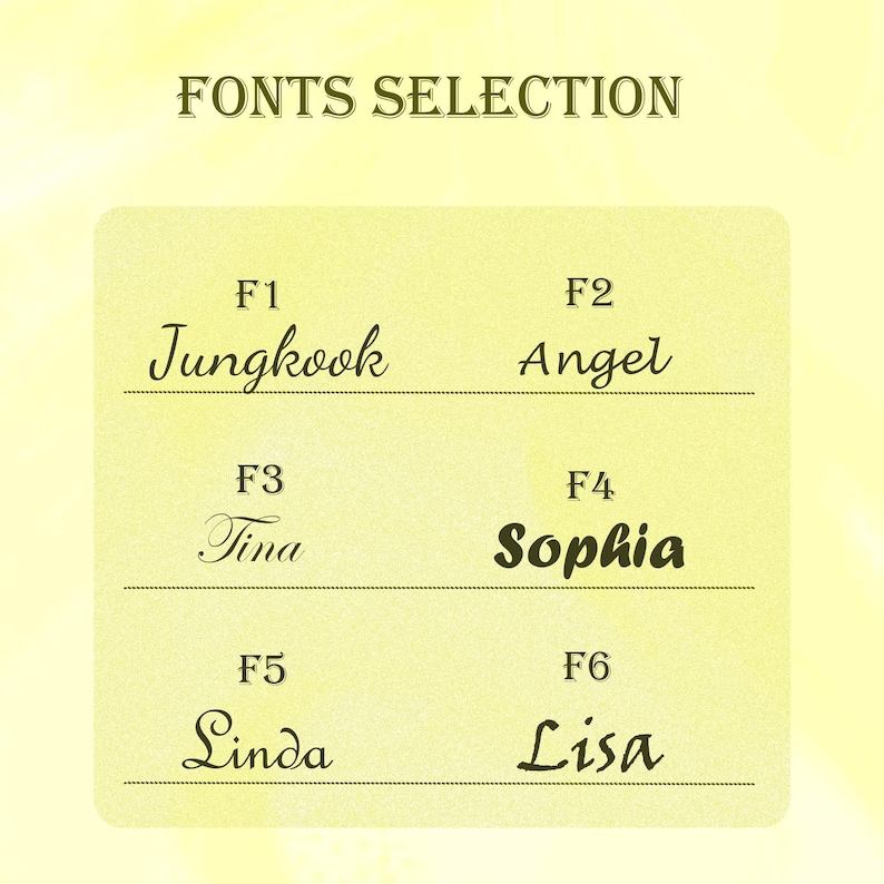 Puede incluir: Una tarjeta amarilla con el texto "FONTS SELECTION" en la parte superior. Se muestran seis fuentes diferentes con los nombres "Jungkook", "Angel", "Tina", "Sophia", "Linda" y "Lisa".