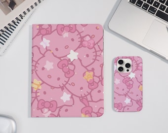 Cute Pink Kitty-hoesje voor iPad en iPhone iPad Air 7/6 iPad Pro 2024-11"13" iPad Mini 7/6 iPad 11/10/9th, Pink Star iPhone 16/15/14 Pro Max Cover
