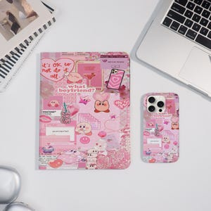 May include: Pink phone case and tablet case featuring a collage design with cartoon characters, hearts, and text. The tablet case has the text "it's OK to not do it all." The phone case has the text "what boyfriend?"