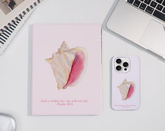 Ocean Conch Case Cover For iPad Air 7/5 iPad Pro 2024-11"13" iPad Mini 7/6 iPad 10/9th, Bible Verse Pink Costal iPhone 16/15/14 ProMax Cover