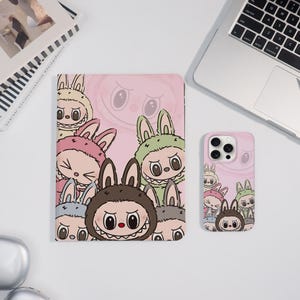 Cute Labubu Cartoon Case Cover For iPad&iPhone iPad Air 7/6 iPad Pro 2024-11"13" iPad Mini 7/6 iPad 10/9th Pink iPhone 16/15/14 ProMax Cover