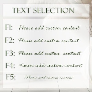 K&ouml;nnte beinhalten: Wei&szlig;er Hintergrund mit dem Text "TEXT SELECTION" in Dunkelgr&uuml;n. Darunter f&uuml;nf Zeilen mit den Bezeichnungen F1 bis F5, jeweils gefolgt von dem Satz "Please add custom content" in Schreibschrift.