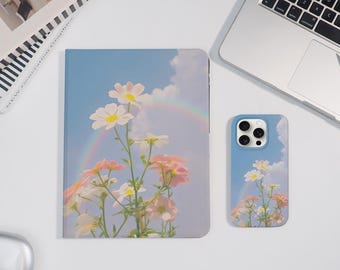 Funda con diseño de flores arcoíris (2025) para iPad y iPhone, iPad Air 7/6/5, iPad Pro 2024 de 11" y 13", iPad Mini 7/6, iPad 10/9, iPhone 16/15 ProMax.