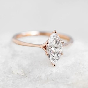 Marquise Cut Moissanite Engagement Ring, Split Shank Wedding Ring, Solitaire Diamond Ring, Six Bubble Prong Set Ring, Minimalist Jewellery.