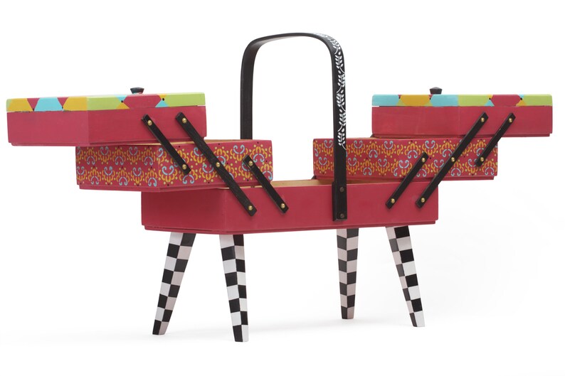 Vintage Wood Sewing Box Organizer Hand Painted Colorful Etsy