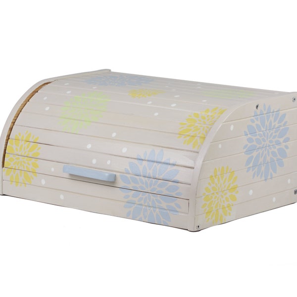 Hand Painted Pine Wood Bread Box with Chrysanthemum Design, Off-White Vintage Food Storage Floral Pattern, Soft Blue, Green, Straw Yellow