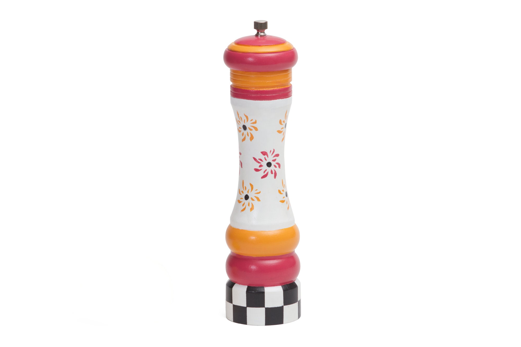 Hand Painted Olde Thompson Pepper Mill: Floral Design, Black and White Check