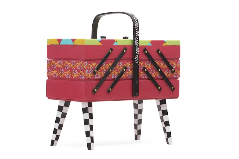 Vintage Wood Sewing Box Organizer Hand Painted Colorful Etsy