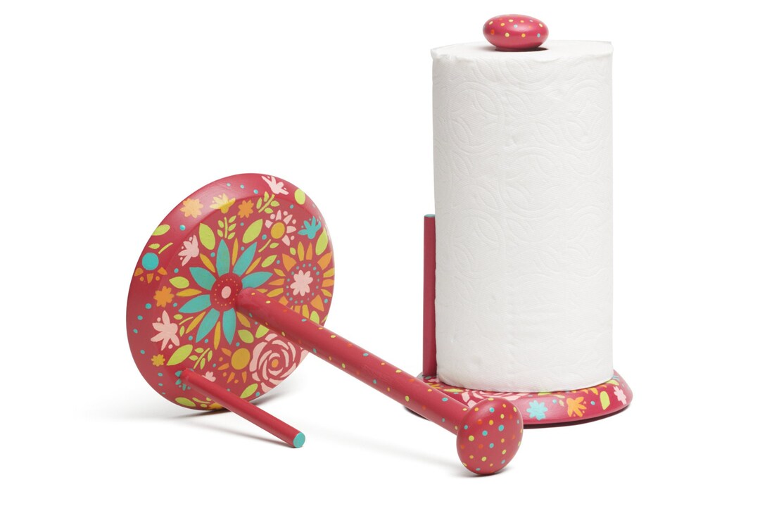 Red Paper Towel Holder, Multi Color Hand Painted Vintage Storage Stand