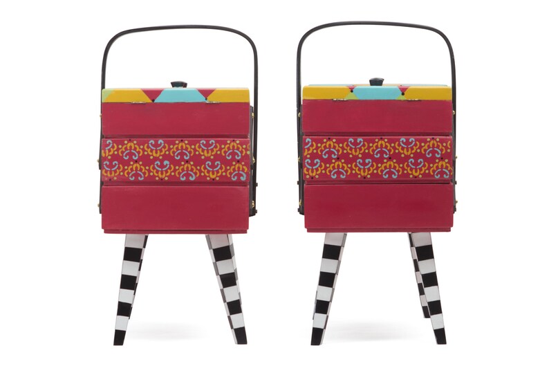 Vintage Wood Sewing Box Organizer Hand Painted Colorful Etsy