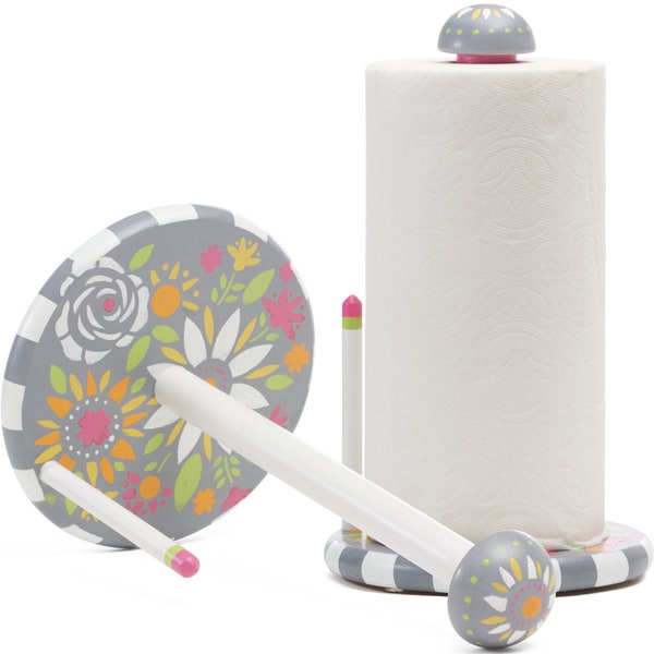 Hand Painted Gray Paper Towel Holder, Contemporary Stencil Floral Design, Vintage Standing Dispenser, Colorful Flower Pattern