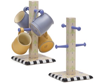 Hand Made and Hand Painted Wood Mug Stand Blue Tile Theme, Four Cup Holder