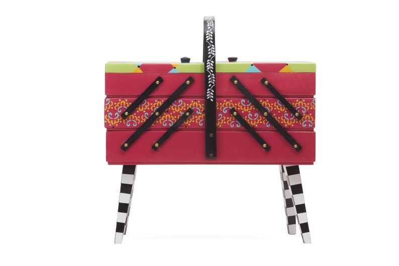Vintage Wood Sewing Box Organizer Hand Painted Colorful Etsy
