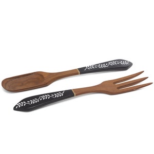 Hand Painted Salad Servers, Teak Wood Salad Hands, Serving Utensil, Vintage Black and White