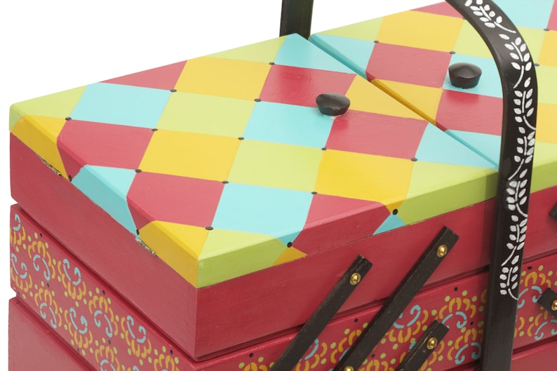 Vintage Wood Sewing Box Organizer Hand Painted Colorful Etsy
