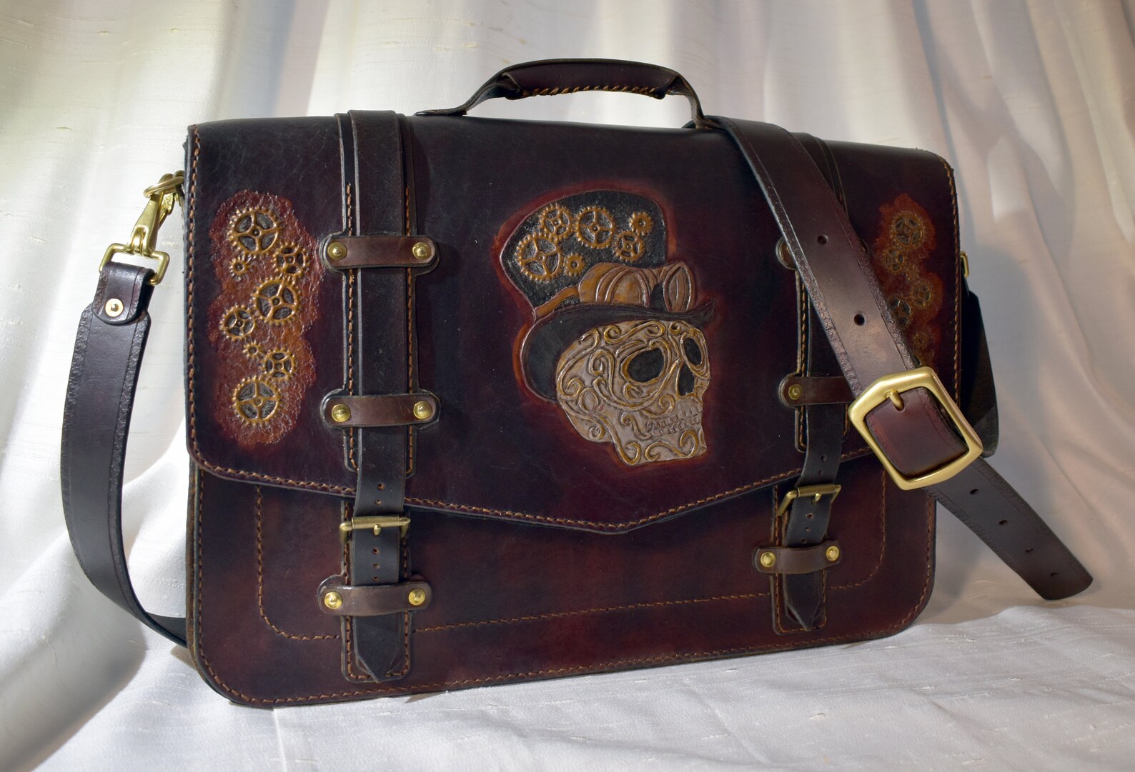 Handmade Leather Steampunk Messenger Bag Skull and Gears Etsy
