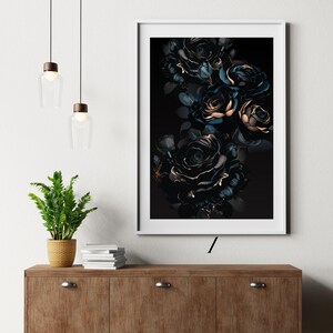 Elegante póster en negro y dorado para tu hogar, con rosas, mariposas, póquer, brillo o una planta, para darle ese toque especial.