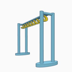 May include: A 3D rendering of a blue clothing rack with yellow hangers. The rack has a rectangular base and vertical supports. The hangers are evenly spaced along the top bar.