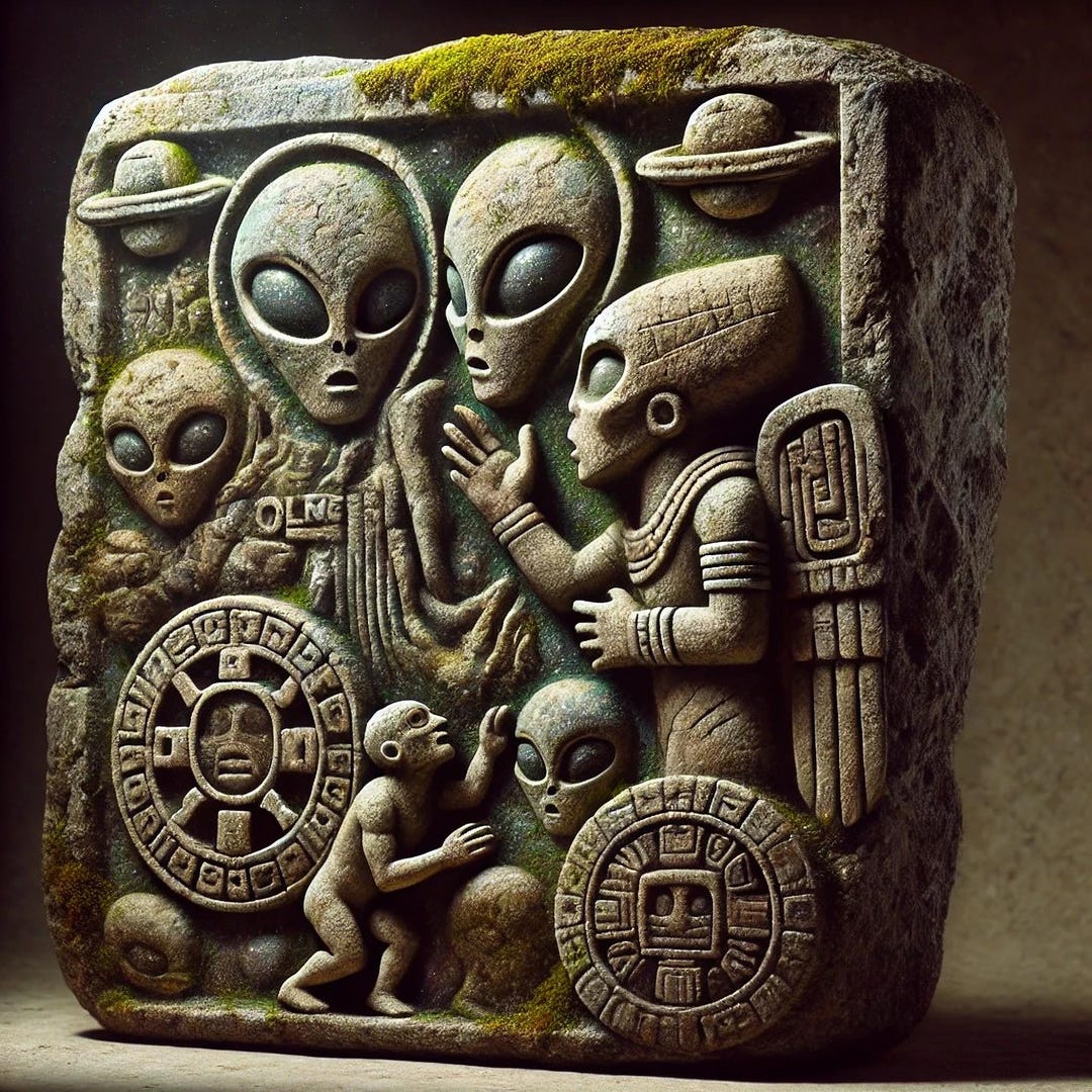 Olmec Alien Encounter Stone Sculpture | Digital Mesoamerican Cosmic Art ...