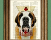 Nurse Slobber Saint Bernard Dog with whiskey keg and red cross original art vintage dictionary page book art print St.