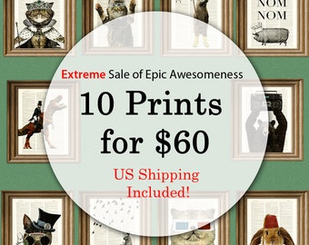 Buy 10 prints for 60 dollars Sale Free Domestic Shipping upcycled dictionary page book art prints