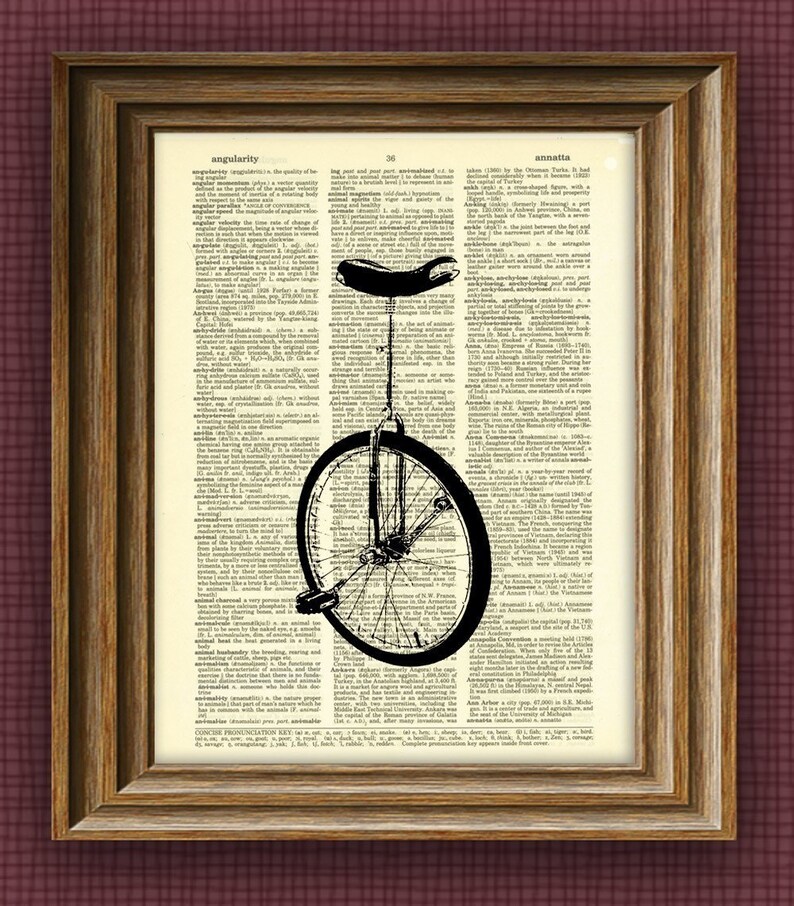 UNICYCLE bike beautifully upcycled vintage dictionary page Etsy