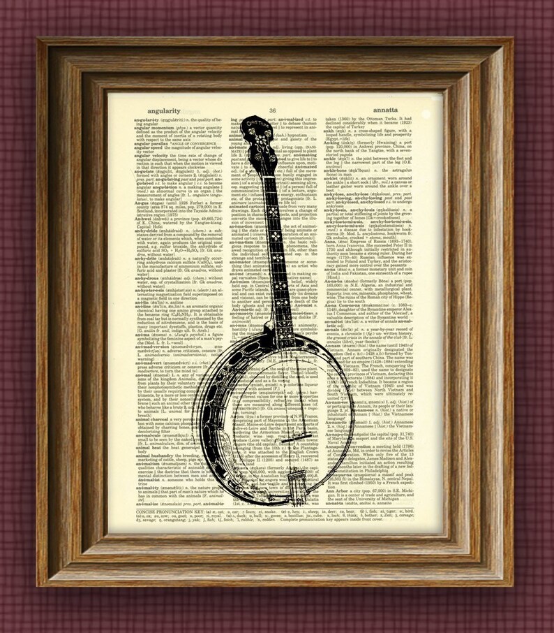 BANJO Illustration Beautifully Upcycled Dictionary Page Book Etsy