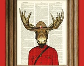 Royal Canadian Mounted Elch Mountie Polizei Moose Abbildung schön Upcycled Wörterbuch Seite Buch Kunstdruck