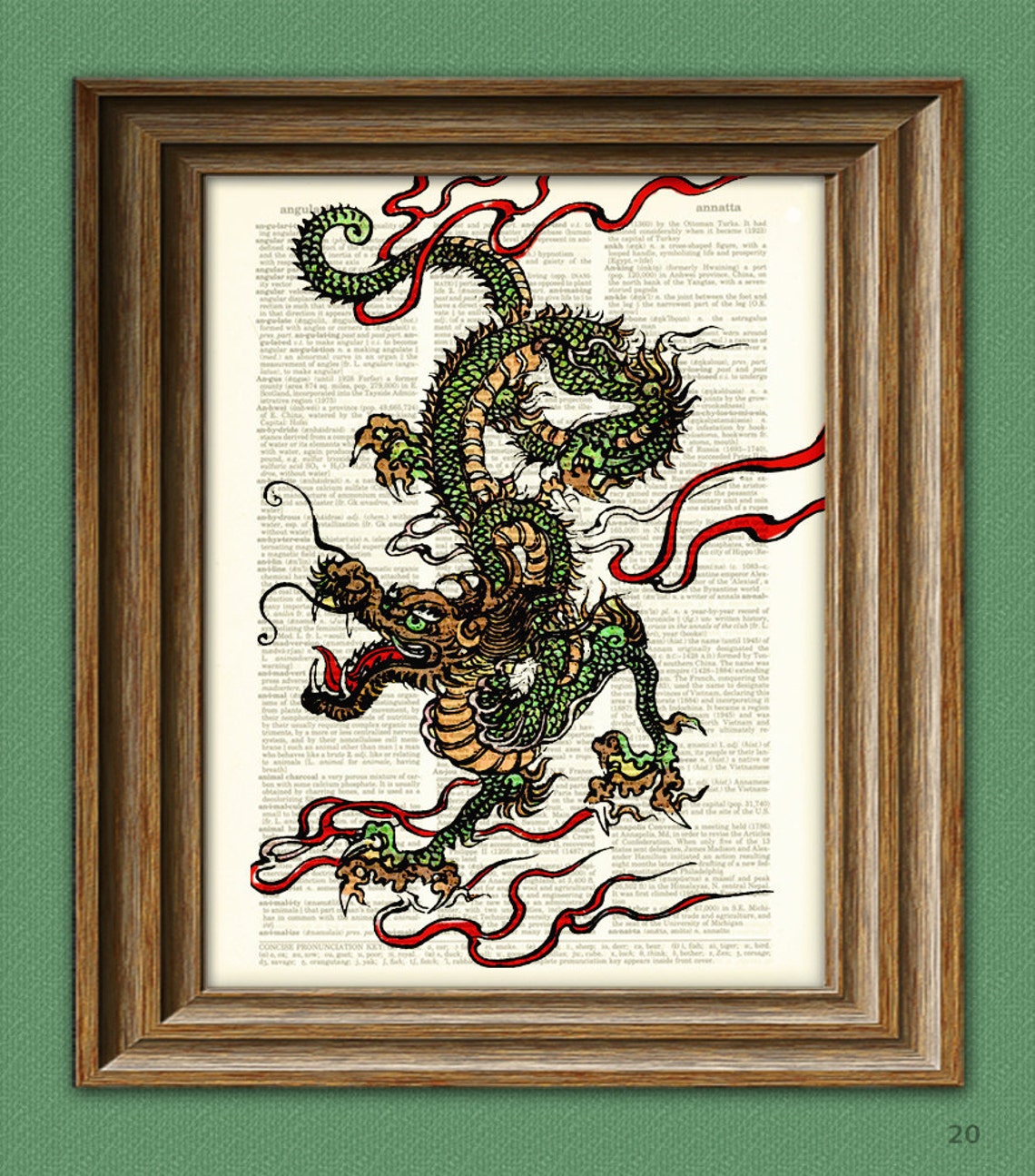 Chinese Dragon Art Print On Vintage Upcycled Dictionary Page Etsy