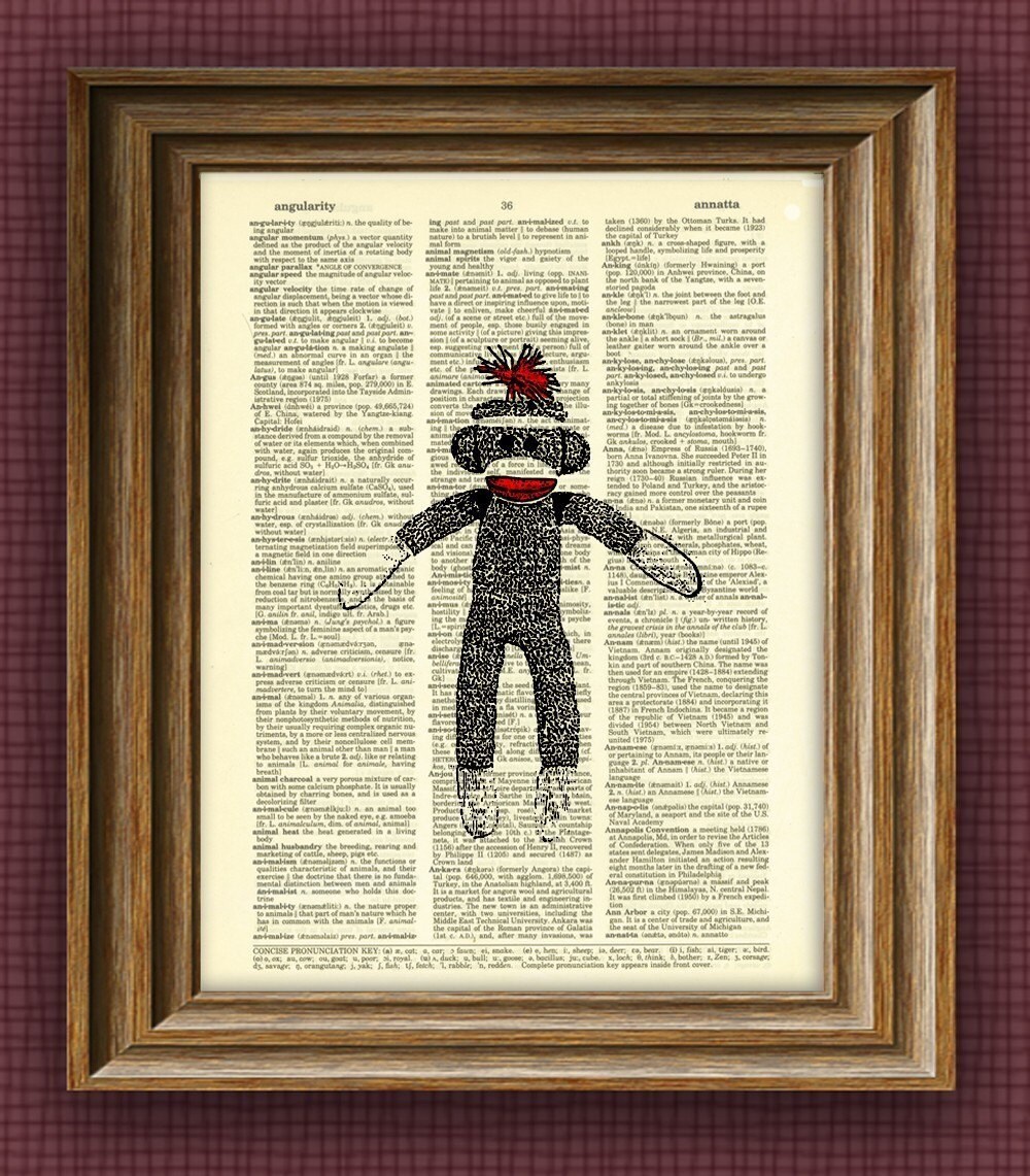 Cool SOCK MONKEY Illustration Beautifully Upcycled Dictionary Etsy
