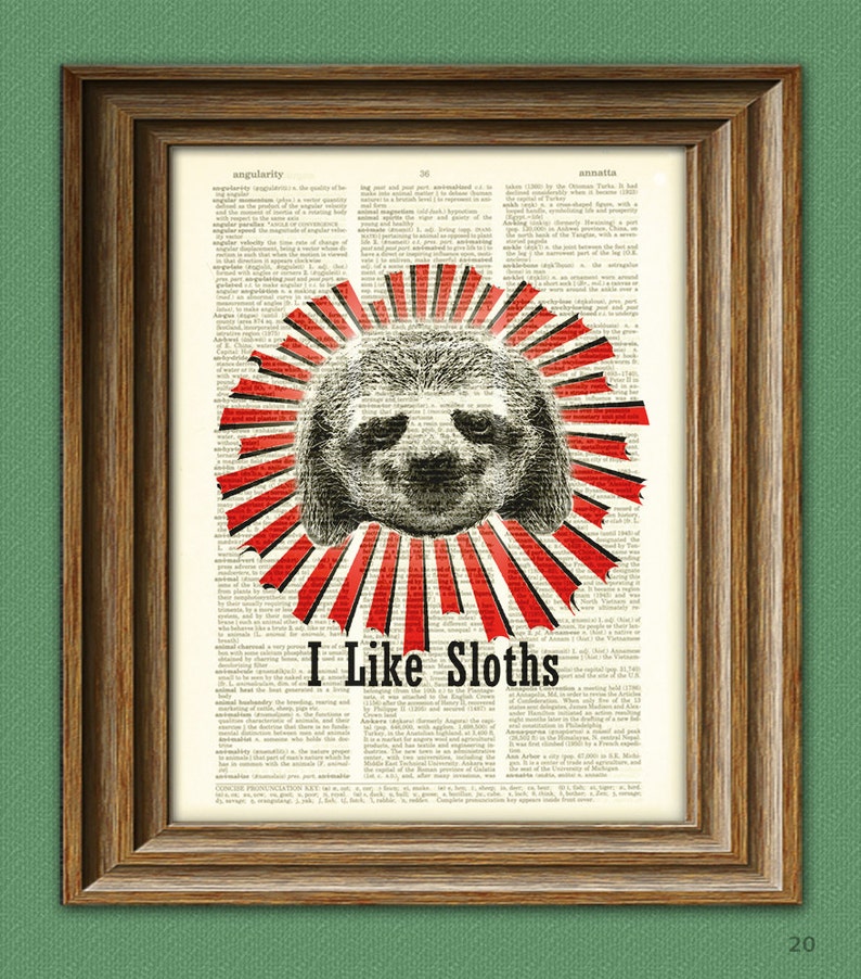 I Like Sloths Print over an upcycled vintage dictionary page Etsy