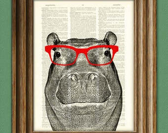 Hippopotamus Smarty Pants Hippo with red glasses illustration beautifully upcycled dictionary page book art print