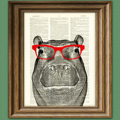 Hippopotamus Smarty Pants Hippo with red glasses illustration beautifully upcycled dictionary page book art print