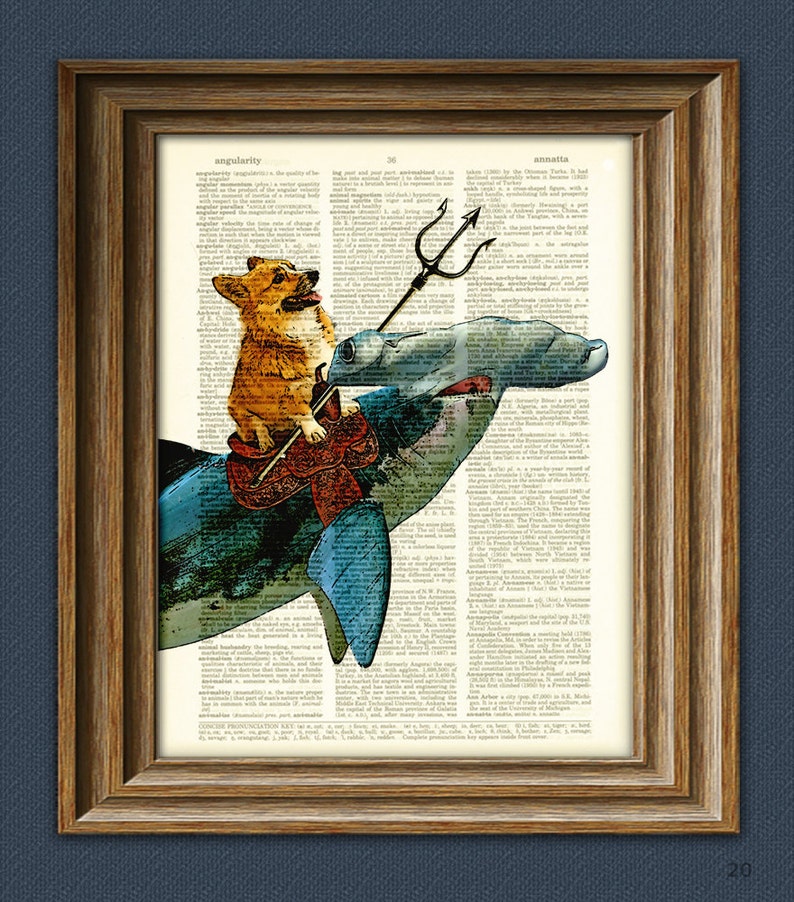 Aquadog the rides a Hammerhead shark dog original art Etsy